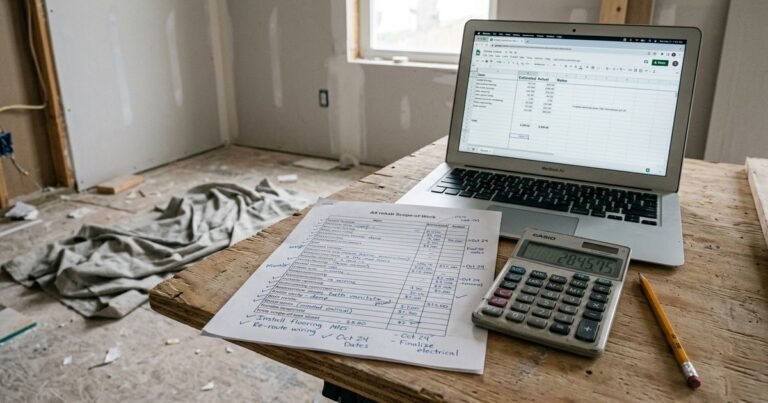 A calculator, a rehab scope sheet, and a laptop on a work table in a house being renovated